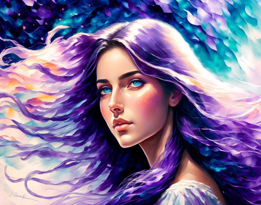 Colorful digital portrait of a woman with purple hair and blue eyes in cosmic setting