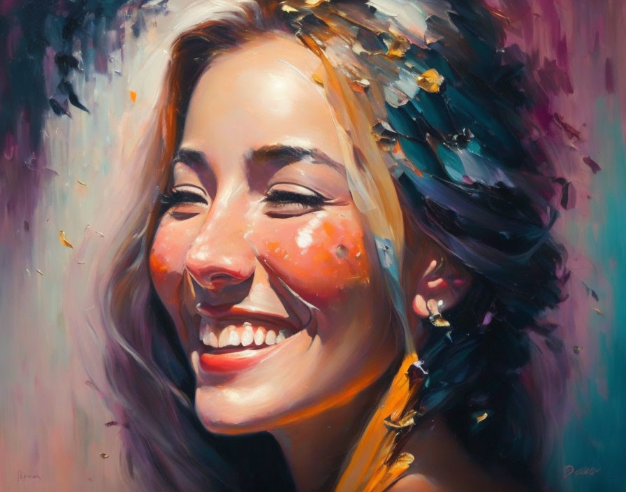 Colorful painting of smiling woman with flowing hair