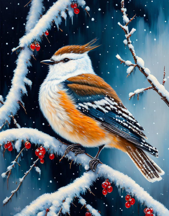 Colorful Bird on Snowy Branches with Red Berries in Wintry Scene