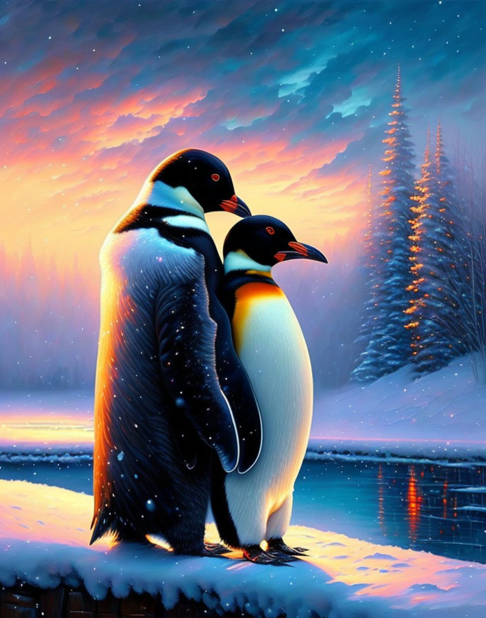 Two penguins in snowy landscape with twilight sky.