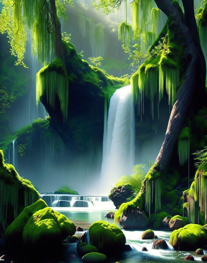 Scenic waterfall in lush greenery with moss-covered rocks