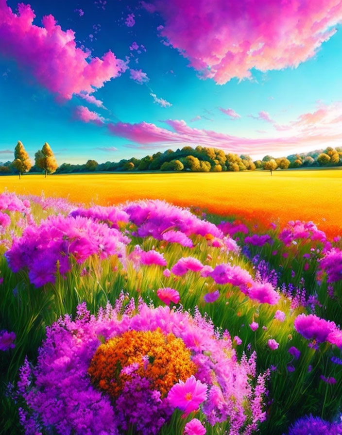 Vivid pink sunset landscape with pink flowers and green trees