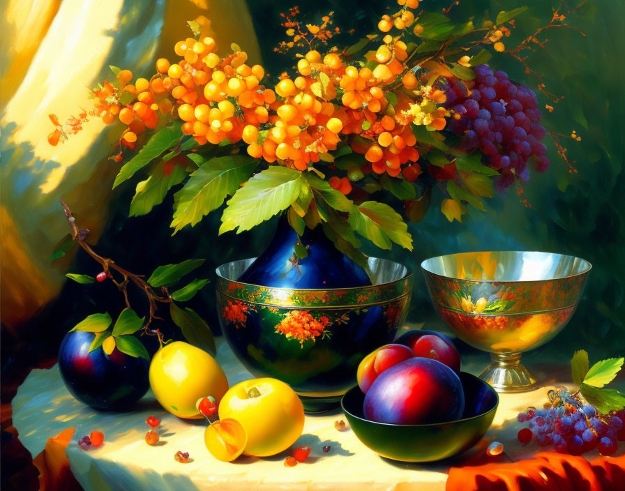 Colorful still life painting with yellow berries, fruit bowls, and soft lighting