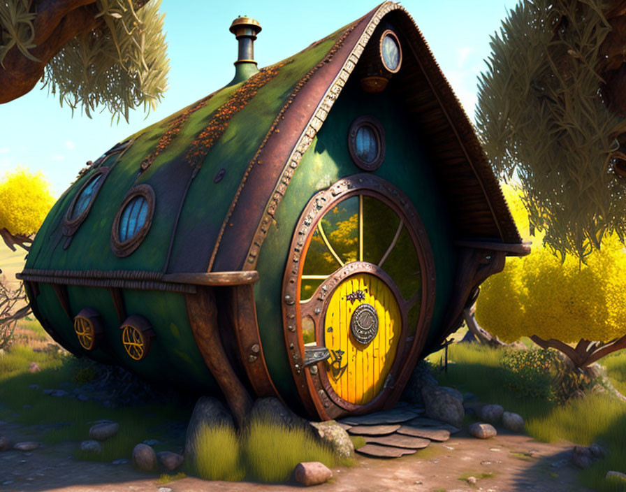 Round Green House with Yellow Door and Porthole Windows in Sunny Landscape