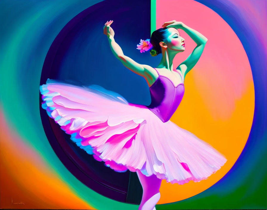 Colorful Ballerina Painting in Pink Tutu on Abstract Background