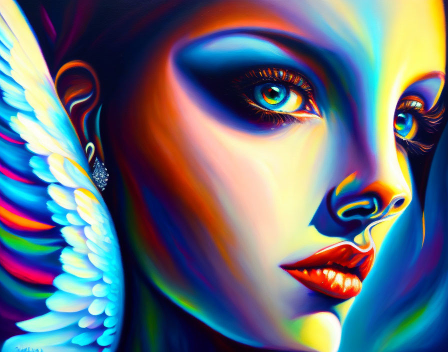 Colorful Artwork of Woman with Angelic Wing in Bold Style