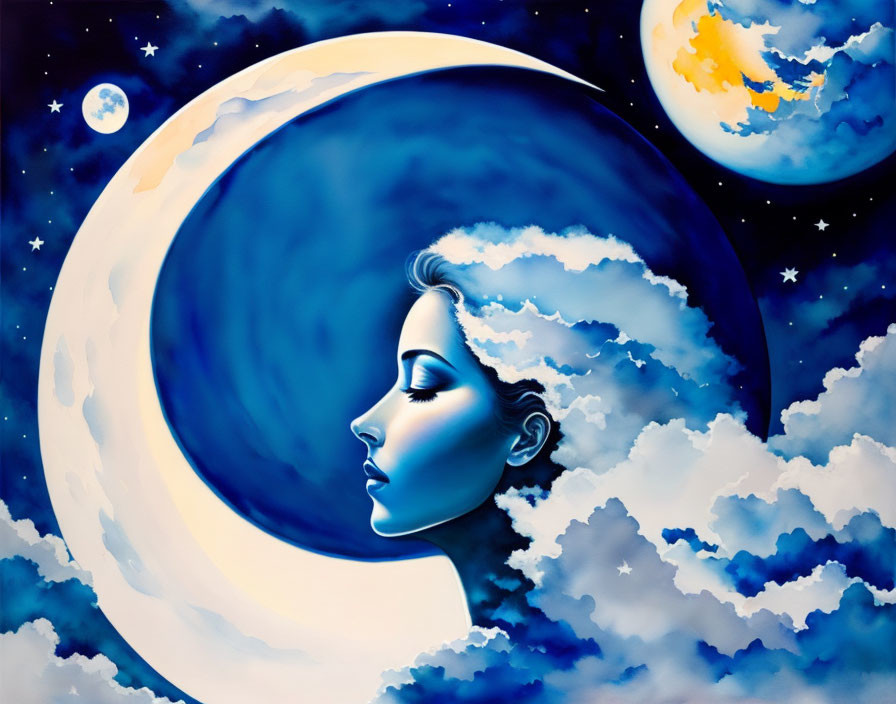 Surreal illustration: Woman's face merges with crescent moon, planet, and stars in the