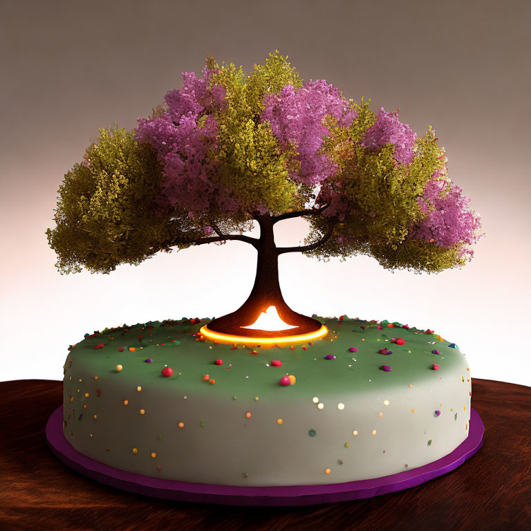 Tree-themed cake with purple flower canopy on green icing base