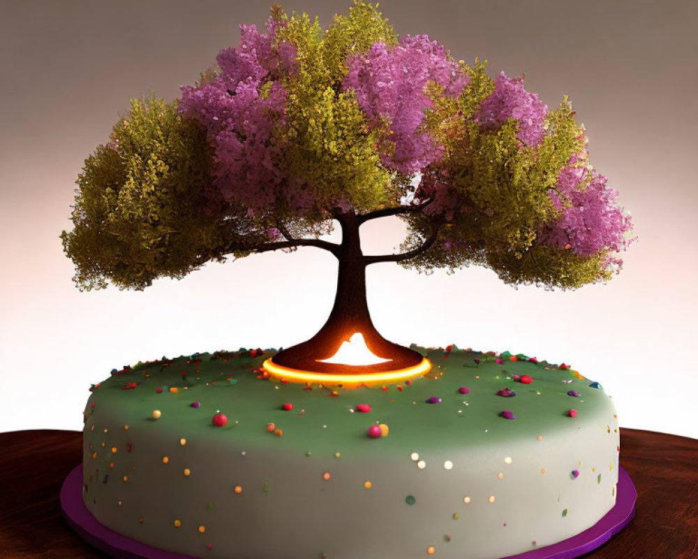 Tree-themed cake with purple flower canopy on green icing base