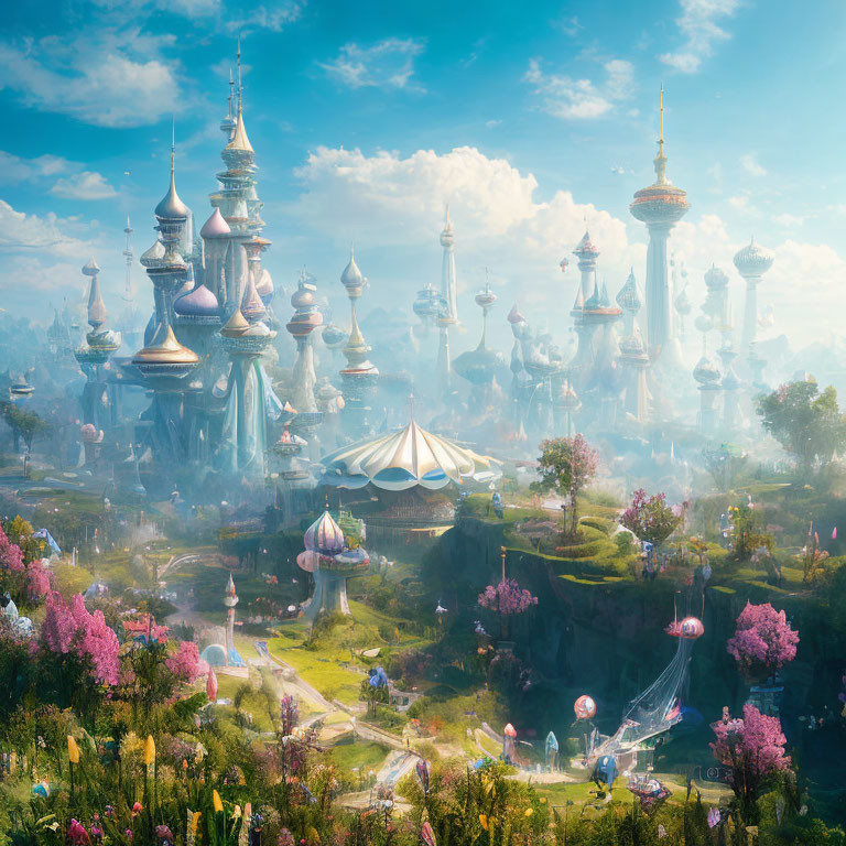 Fantastical city with ethereal spires and floating islands