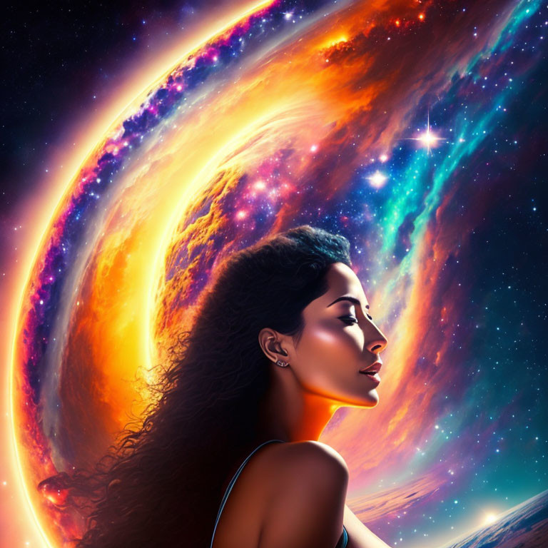 Profile of Woman with Curly Hair in Cosmic Background