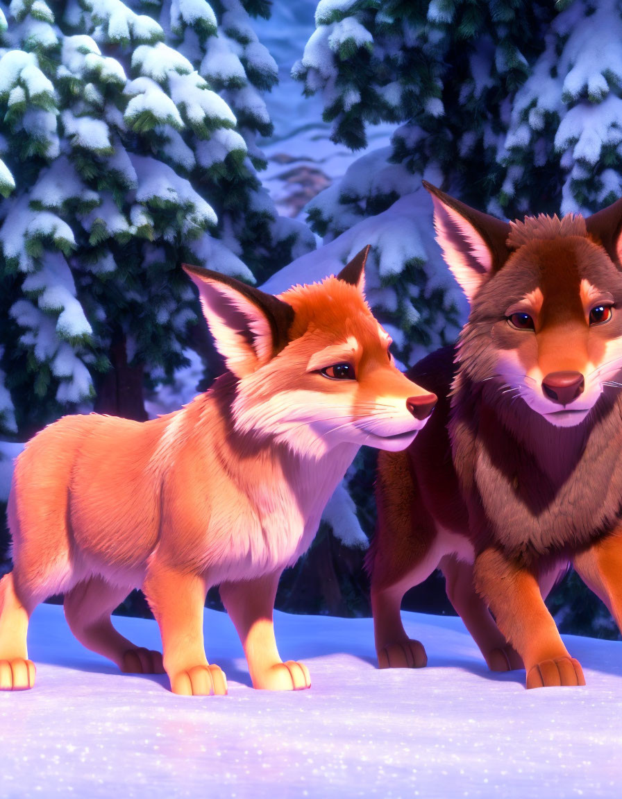 Animated foxes in snowy forest with illuminated trees