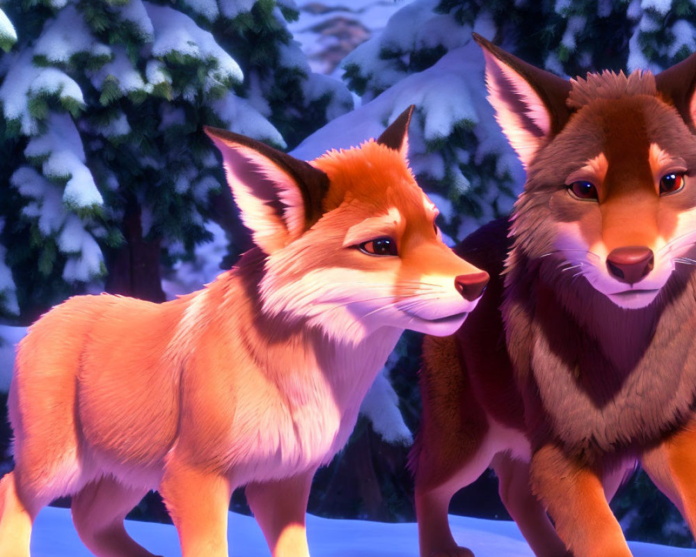 Animated foxes in snowy forest with illuminated trees