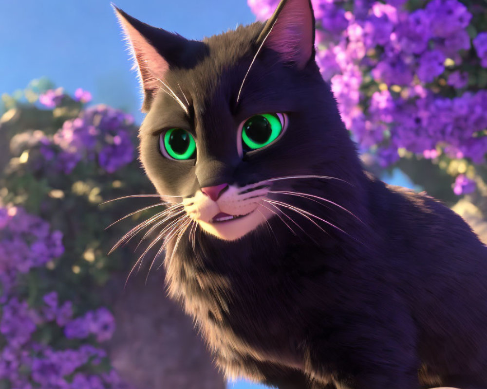 3D-animated black cat with green eyes on rock with purple flowers