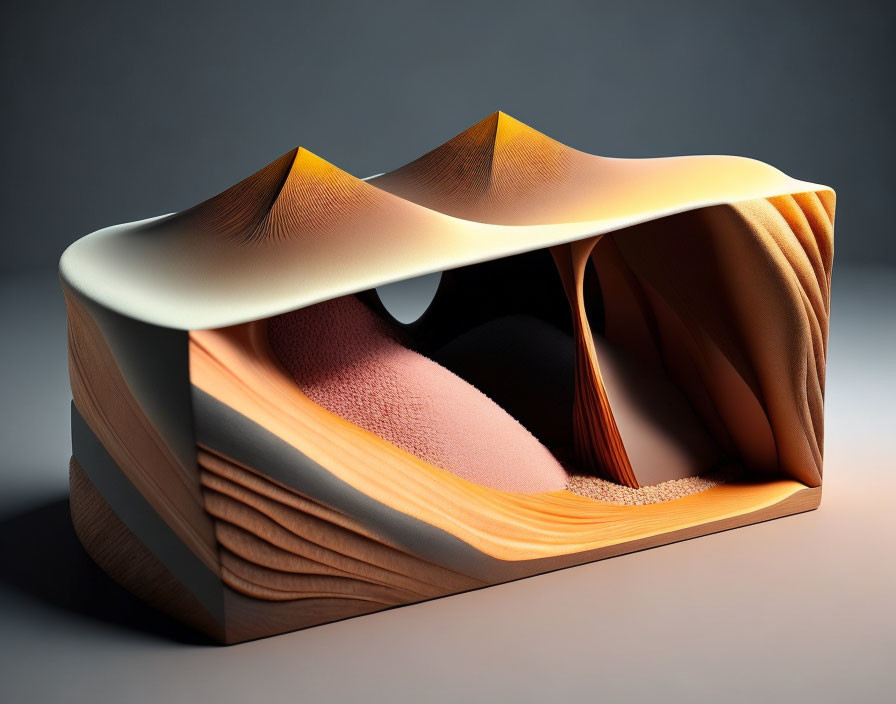 Surreal 3D desert landscape sculpture with sand dunes and cavernous spaces