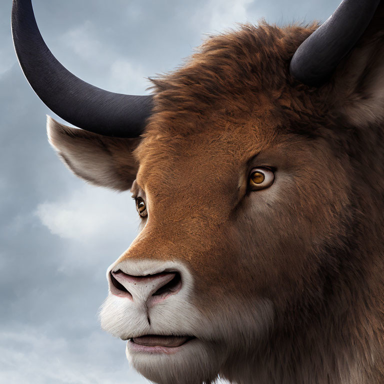 Majestic bull with large horns against cloudy sky