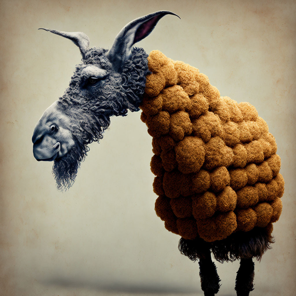 Surreal animal with llama head and pine cone body on sepia backdrop