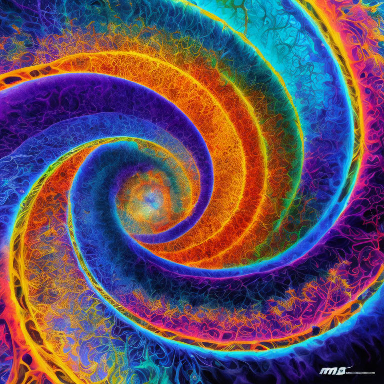 Colorful fractal spiral art in neon blue, orange, and purple hues