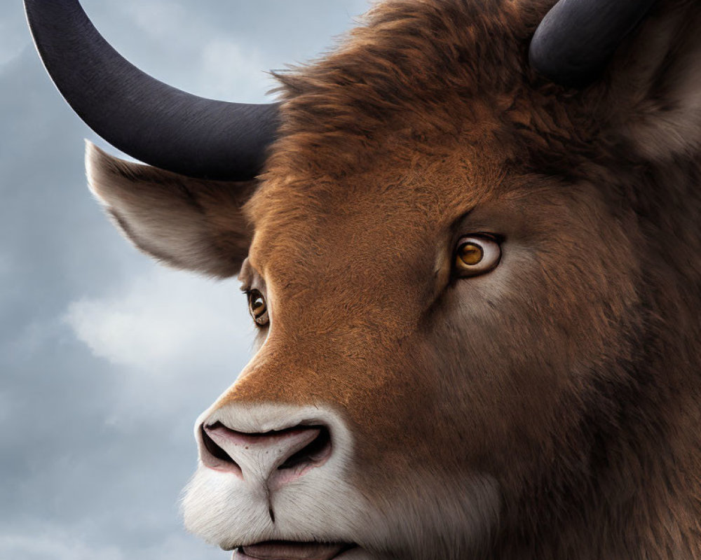 Majestic bull with large horns against cloudy sky