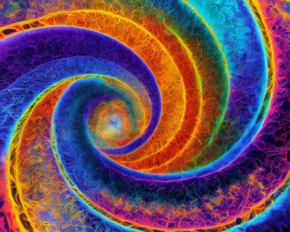 Colorful fractal spiral art in neon blue, orange, and purple hues