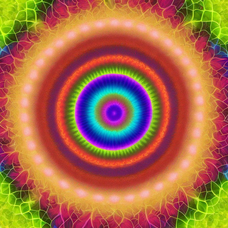 Colorful Psychedelic Pattern with Concentric Circles and Fractal Background