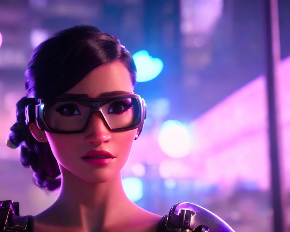 Black-Haired Female Character in Futuristic Glasses in Front of Neon Cityscape