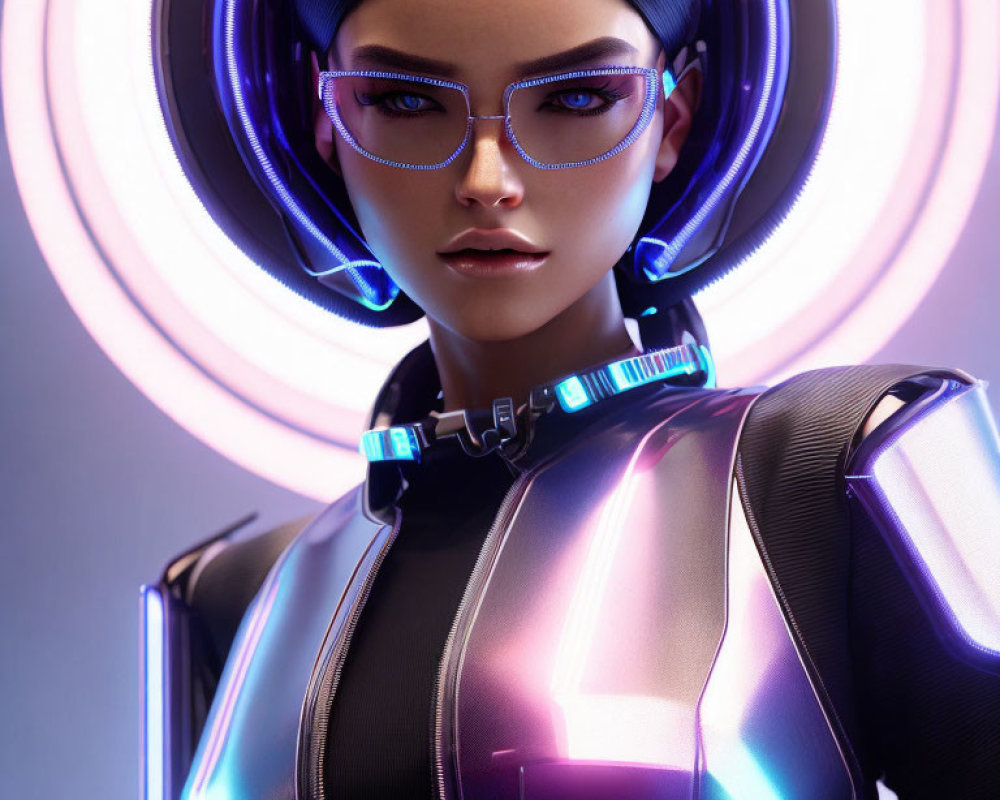 Futuristic female character with glowing blue halo and high-tech glasses