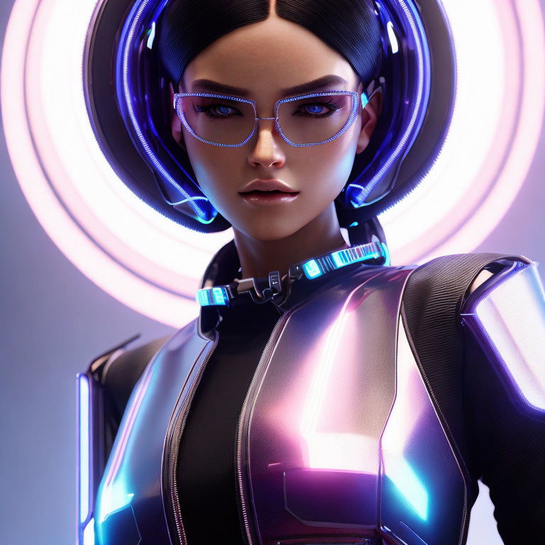 Futuristic female character with glowing blue halo and high-tech glasses