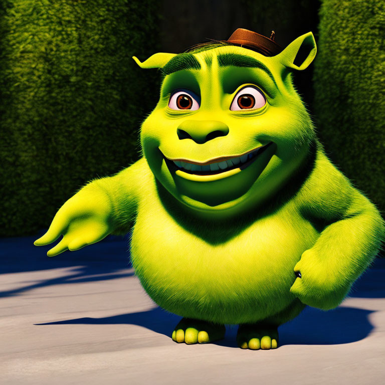 Smiling green ogre with brown hat extending hand.