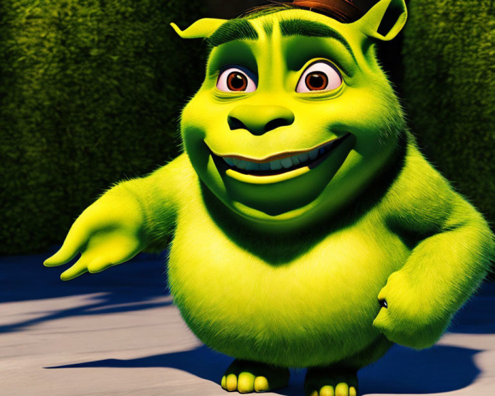 Smiling green ogre with brown hat extending hand.