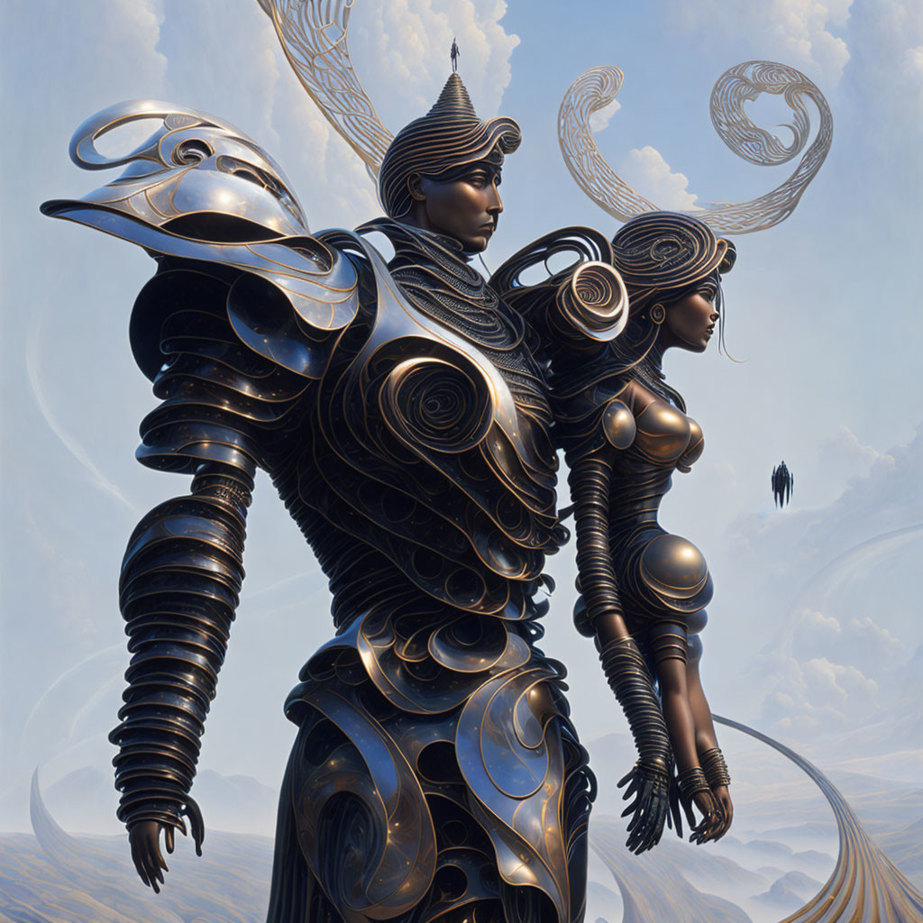 Stylized figures in ornate black armor against cloudy sky