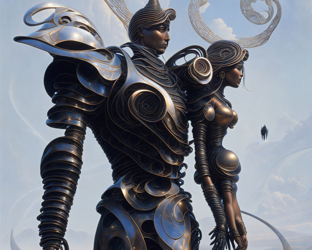 Stylized figures in ornate black armor against cloudy sky