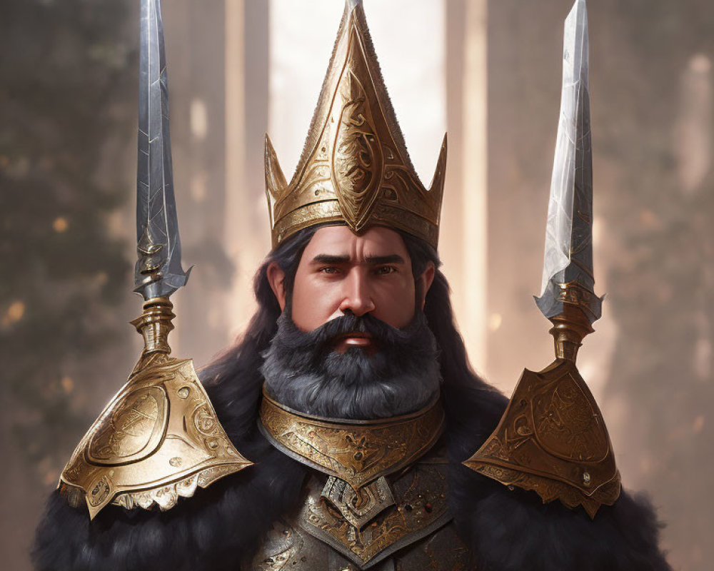 Bearded fantasy king in golden armor wields two swords in misty forest