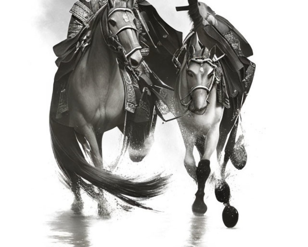 Monochrome artwork of armored warrior on horse with water splashes