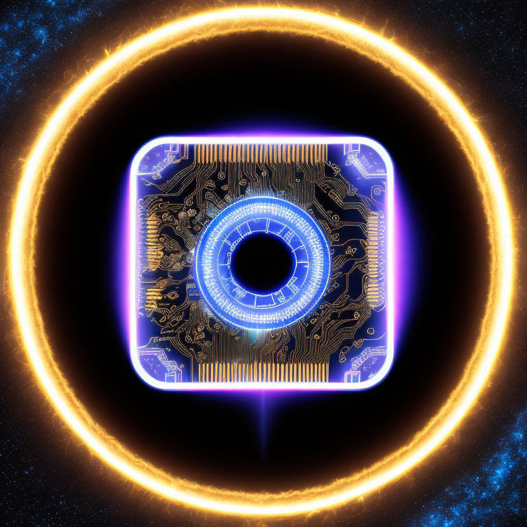 Futuristic portal with circuit board pattern, ring of fire, and space backdrop