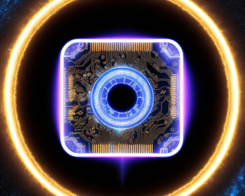 Futuristic portal with circuit board pattern, ring of fire, and space backdrop