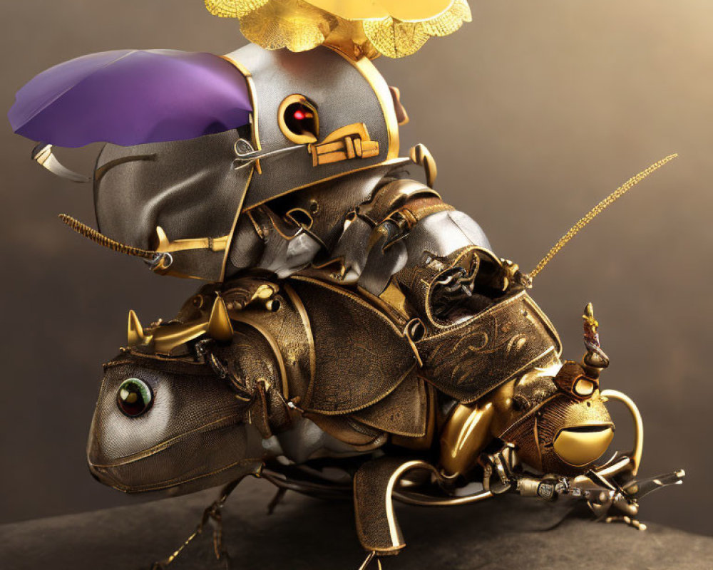 Steampunk-style mechanical bee with intricate gears and leather, realistic eyes, saddle, and pouches