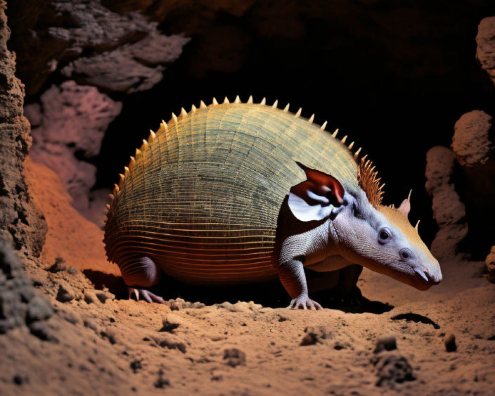 Whimsical armadillo with wide-open eyes in sandy cave