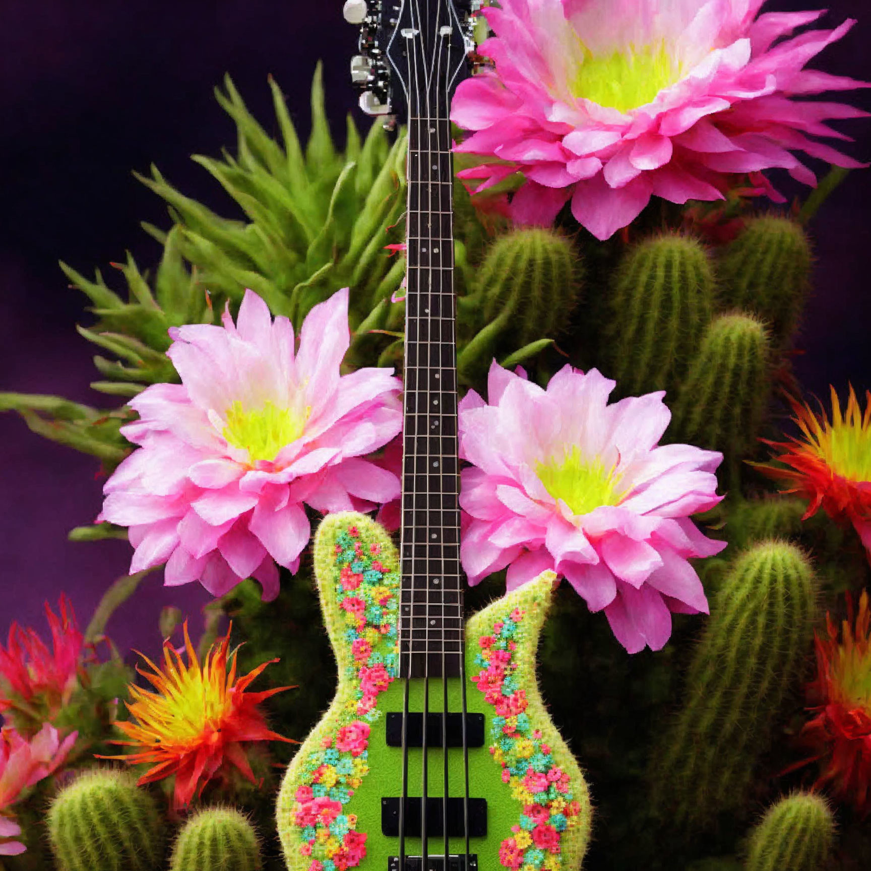 Floral Pattern Guitar Embedded in Cactus on Purple Background