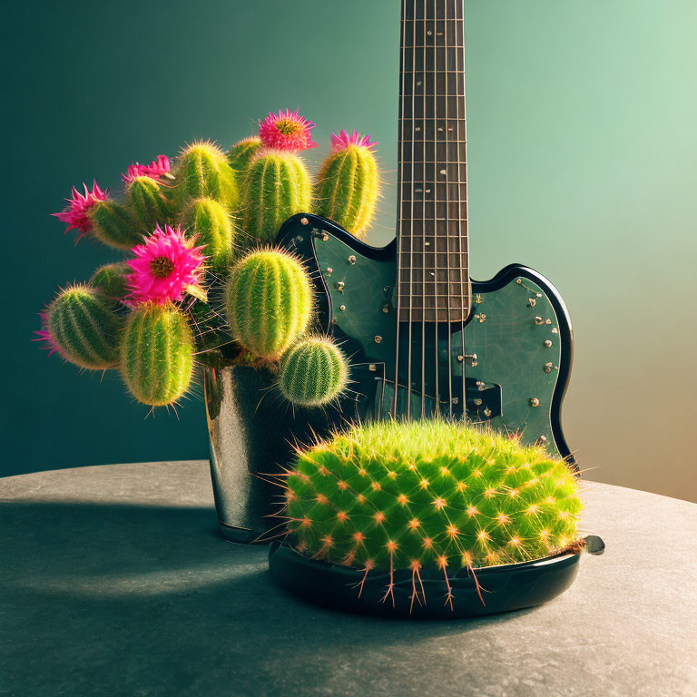 Black Electric Guitar Against Green Background with Flowering Cacti in Pots