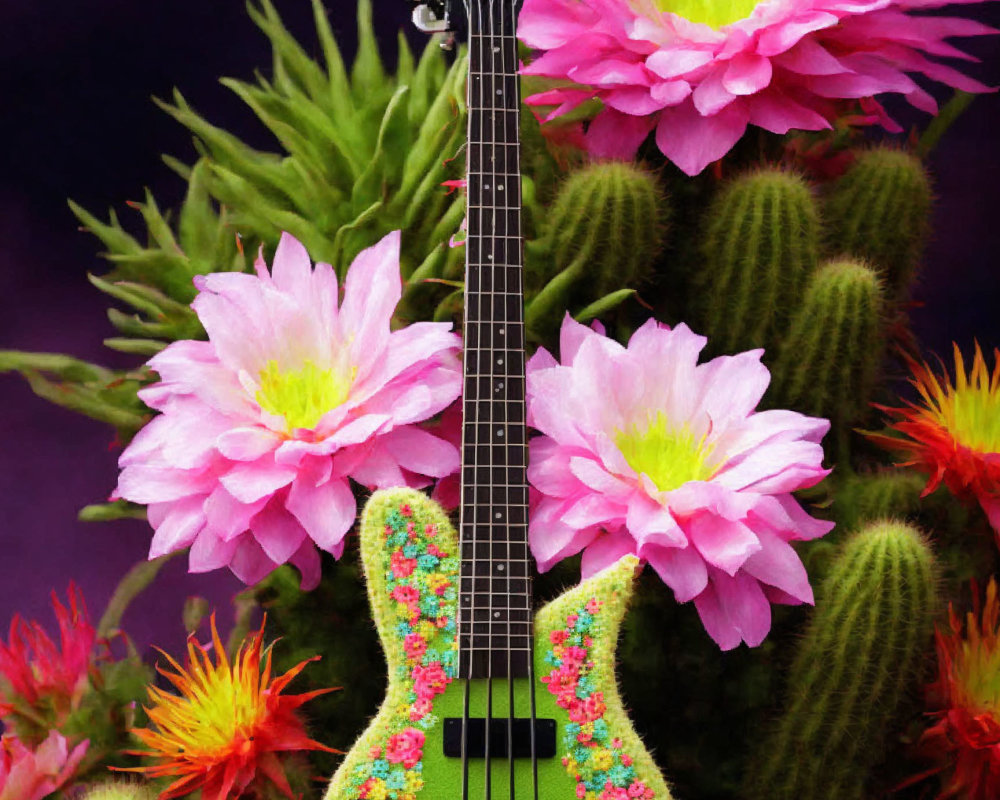 Floral Pattern Guitar Embedded in Cactus on Purple Background