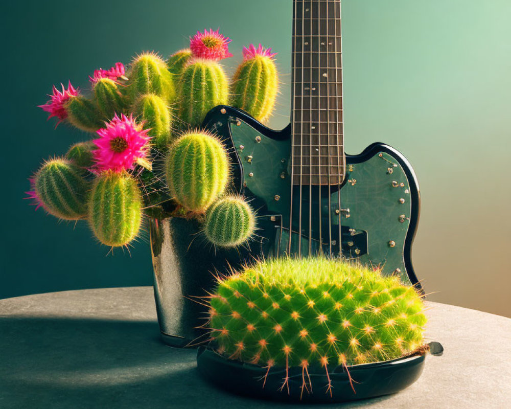 Black Electric Guitar Against Green Background with Flowering Cacti in Pots