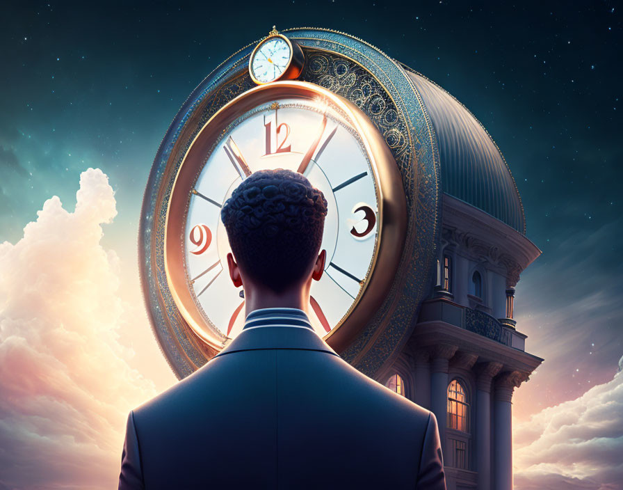 Businessperson gazes at ornate clock under twilight sky