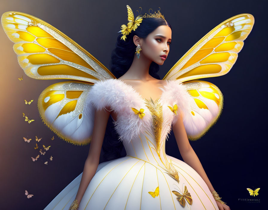 Woman with Butterfly Wings and Yellow Butterflies in Hair on Dark Background