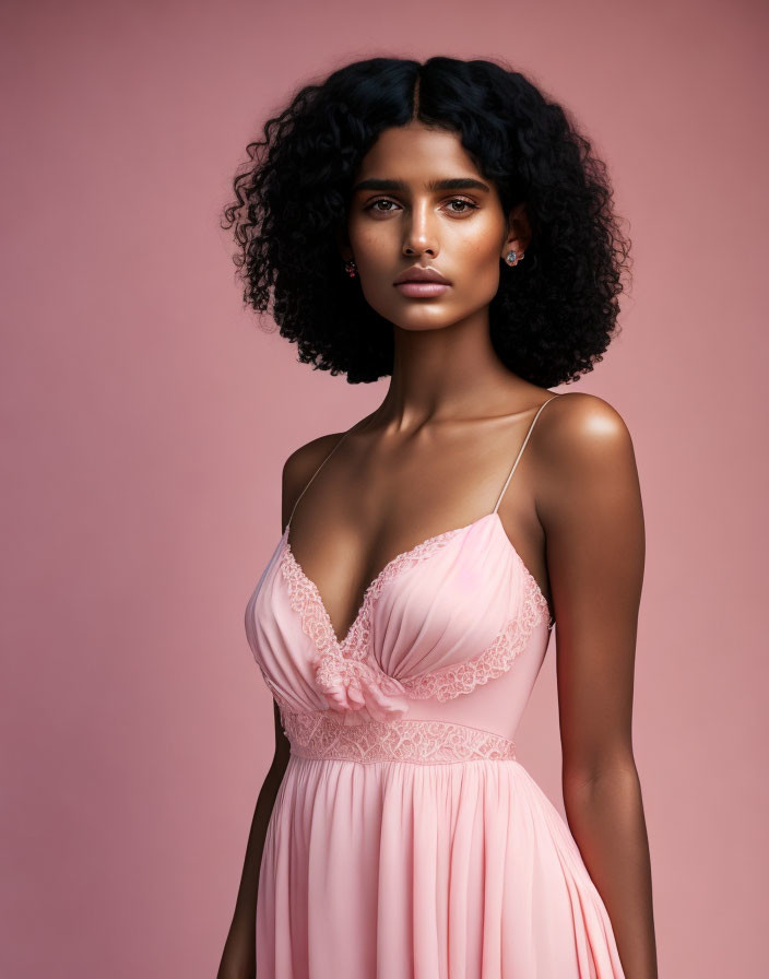 Curly-Haired Woman in Pink Lace Dress on Soft Pink Background