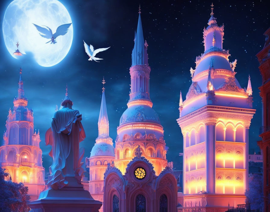 Ornate buildings, statue, birds, moon in a fantastical night scene