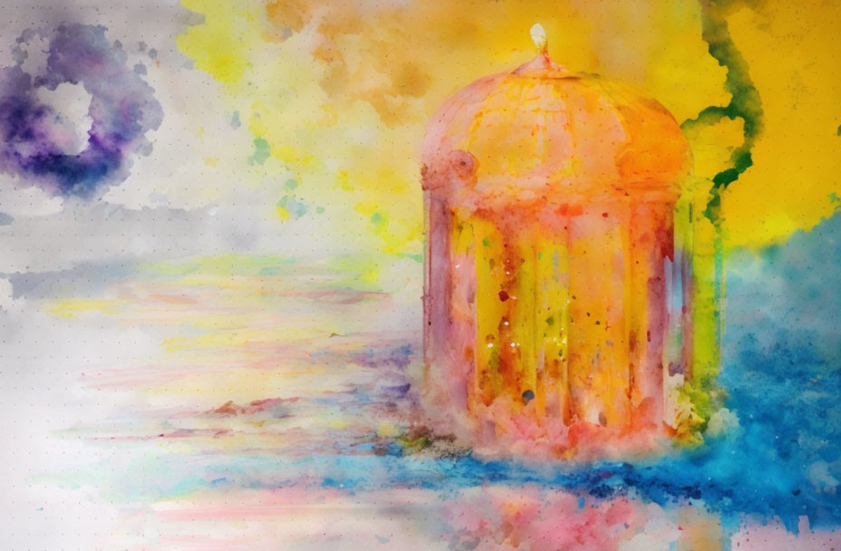 Colorful Abstract Watercolor Painting of Lantern in Warm Hues