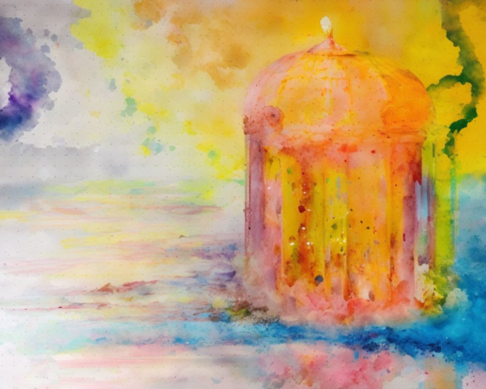 Colorful Abstract Watercolor Painting of Lantern in Warm Hues