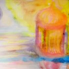 Colorful Abstract Watercolor Painting of Lantern in Warm Hues