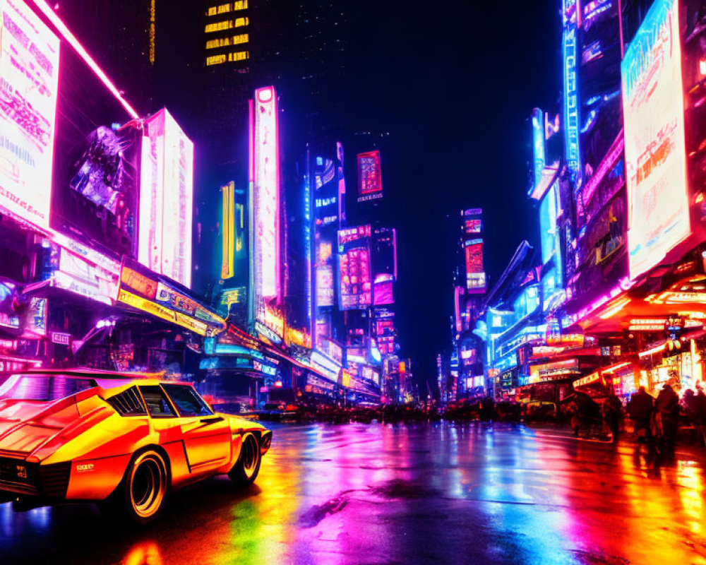 Futuristic car with neon highlights in vibrant city scene